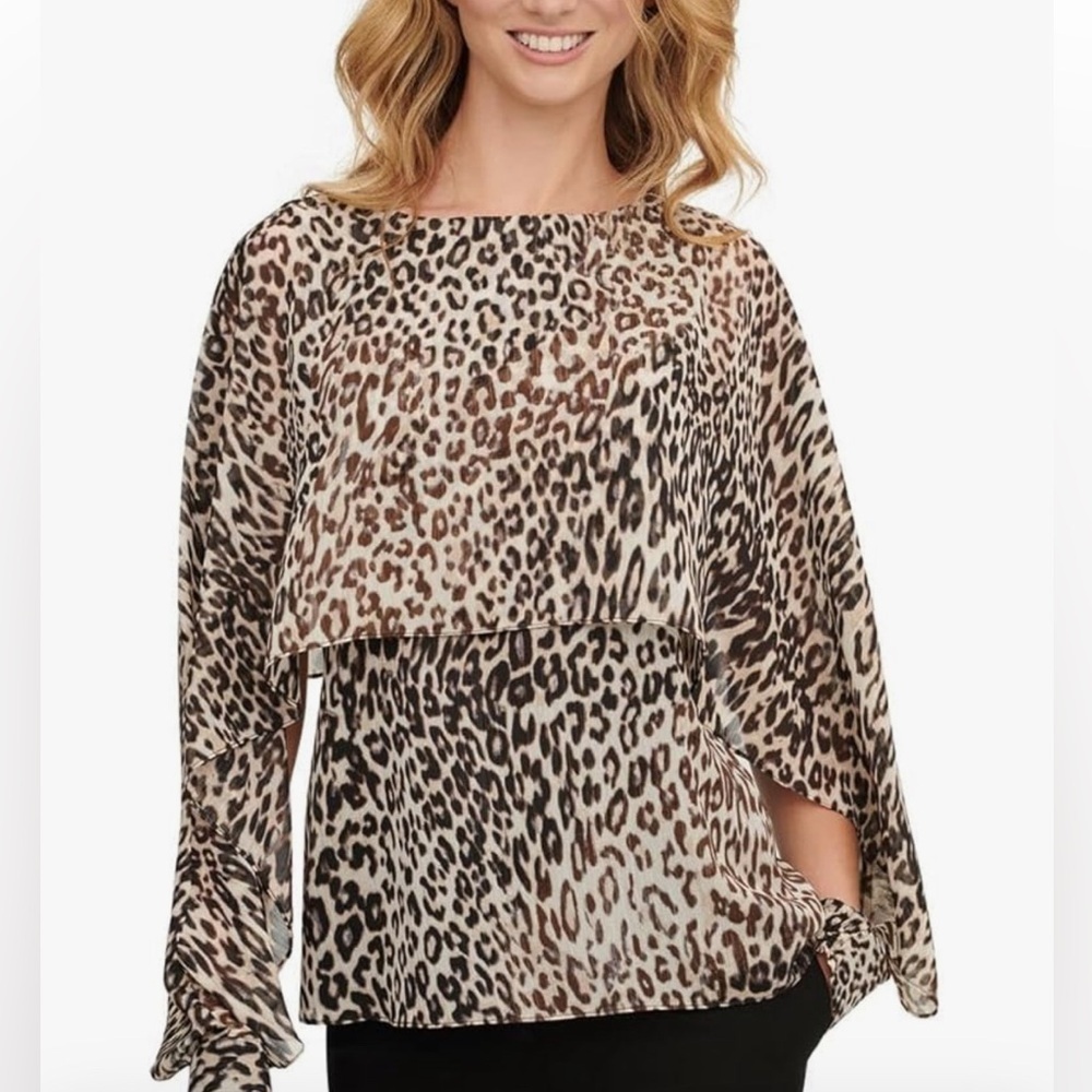 NEW- DKNY Womens Petites whimsical Y2K bohemian Animal Print Blouse